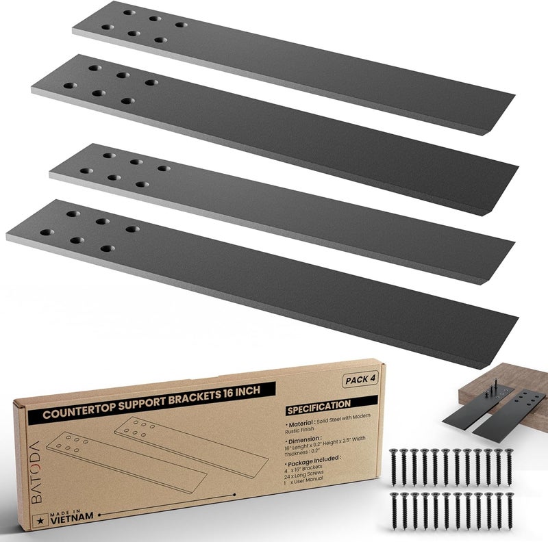 BATODA 16" Countertop Mounted Support Brackets (4 pcs) for Granite - Heavy Duty L Shelf Bracket - DIY Open Shelving Knee Wall Support - Mounting Hardware Included (Pack 4) - Image 1